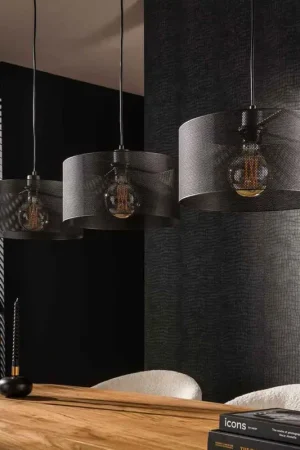 Nouvelle Collection Suspension industrielle 3 lampes en métal noir arctique Priscillia