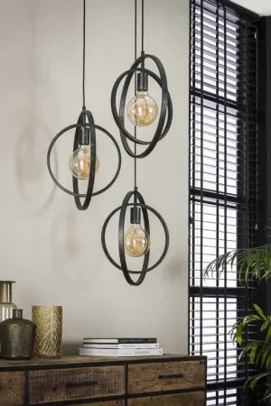 Acheter En Ligne Suspension industrielle ronde en métal noir 3 lampes Sam