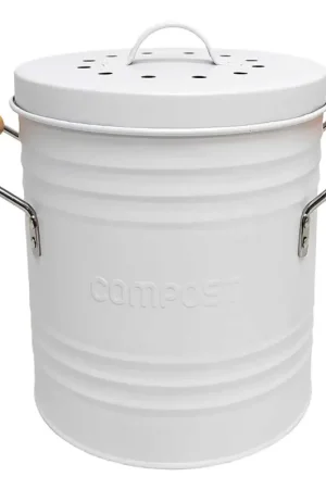 Dernier Modèle Poubelle à compost en métal blanc avec couvercle et poignées 5L