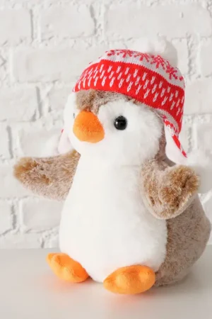 Peluche pingouin en tissu marron h22cm - Ava Solde