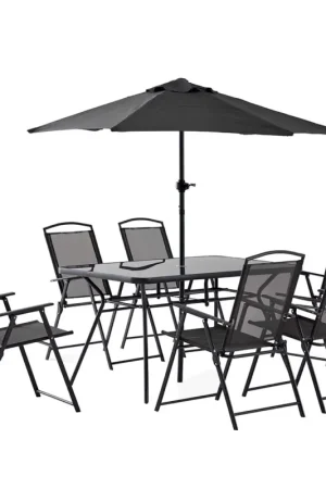 Ensemble table de jardin, 6 chaises et parasol central noir en acier 140x80cm - Braga Promotion