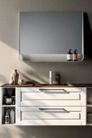Composition de salle de bains avec 2 tiroirs et 2 compartiments ouverts, miroir et lavabo - Magnolia Offre Spéciale