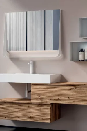 Composition de salle de bains avec 2 tiroirs, lavabo blanc, miroir et armoires murales - Elios Offre Spéciale
