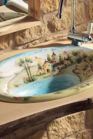 Lavabo semi-encastré en Fire Clay avec Landscape de Deruta Made in Italy - Principe Nouvel Arrivage
