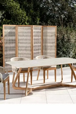Table avec base en bois et plateau en céramique Travertino Chiaro - Infinity Retour Gratuit