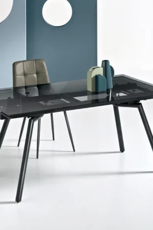 Petit Prix Table extensible 160/240 x 91 cm en verre fumé et piètement en métal noir - Colonne