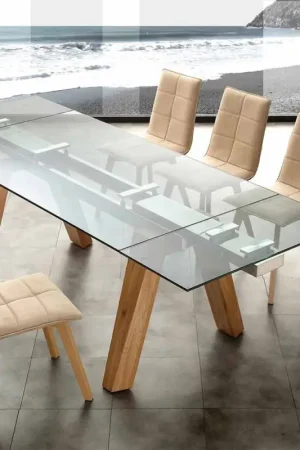 Table extensible Florida de design, en bois massif naturel et verre Populaire