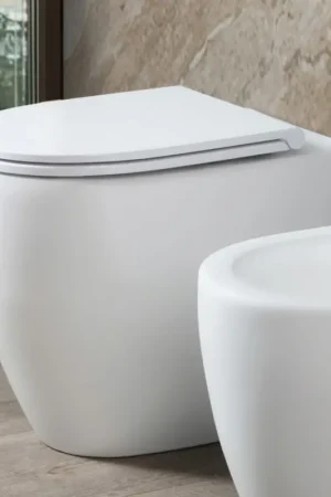 Offre Spéciale Toilette Aster sans bride en céramique noire et blanche mate avec abattant à fermeture amortie