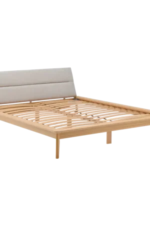 Solde Lit bois avec tête de lit tissu Atia-Beige -140 x 190 cm