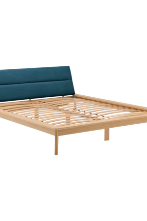Lit bois avec tête de lit tissu Atia-Bleu Foncé -140 x 190 cm Haute Qualité