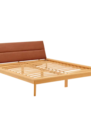 Lit bois avec tête de lit tissu Atia-Terracotta -140 x 190 cm Satisfait Ou Remboursé