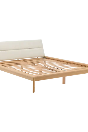 Vente Directe Lit bois avec tête de lit tissu Atia-Ecru -140 x 190 cm